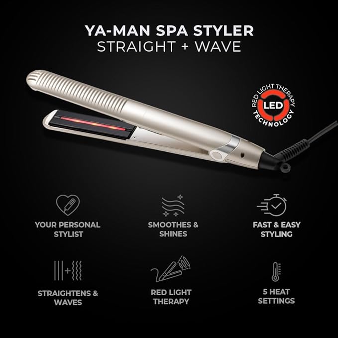 YA-Man Spa Styler Straight + Wave Flat Iron Hair Straightener and Curler 2 in 1 - Advanced Japanese Technology, Dual Voltage, Titanium Tourmaline Plates with Red Light Therapy, 5 Heat Settings (Gold)