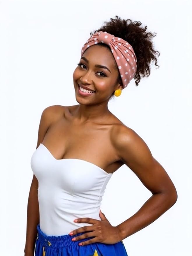 1 Pack Boho Headbands Stretch Paisley Print Bandana Headband Criss Cross Hair Bands Knotted Head Wrap Yoga Daily for Women and Girls (Polka Dot Brown)