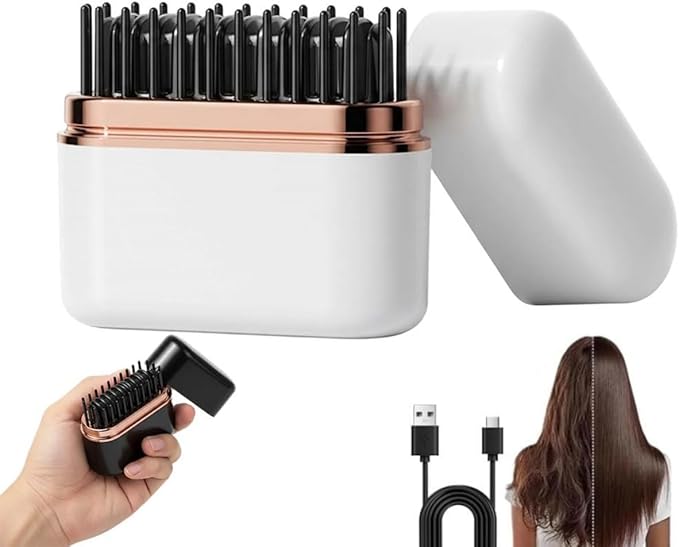 Mini Hair Straightener Brush, Rechargeable Portable Mini Straightening Comb, 3-Speed Temperature Control, Travel Size Pocket Hair Straightener for Women (White)
