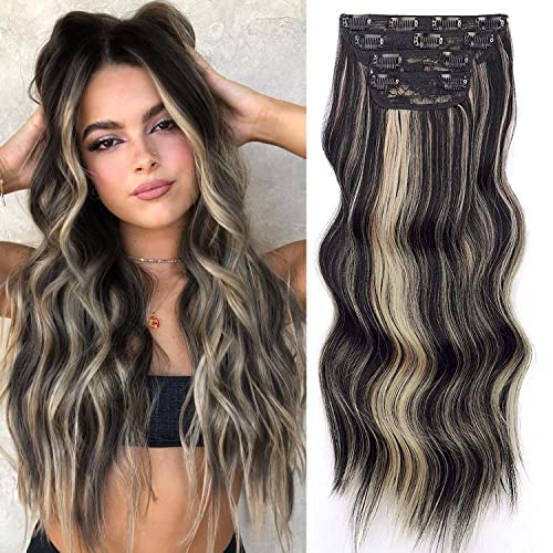 Vigorous Wavy Hair Extension for Women 4Pcs Black Mix Blonde Long Clip in Hair Extensions Soft Synthetic Hairpieces (24 inches, Black Mix Blonde)