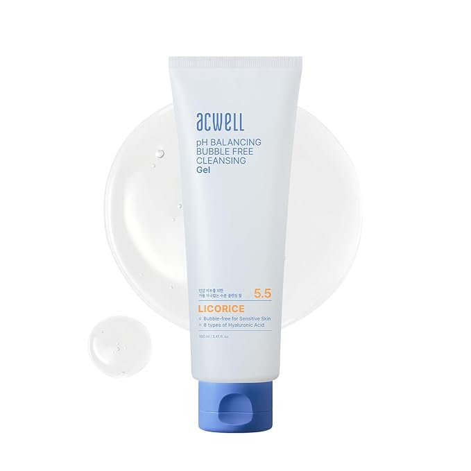 ACWELL pH Balancing Bubble-Free Hydrating Facial Cleansing Gel 5.4 fl.oz. - For Sensitive Skin, Hyaluronic Acid and Licorice Extracts, Non-foaming Cleanser for Skin Moisturization