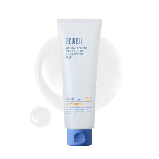 ACWELL pH Balancing Bubble-Free Hydrating Facial Cleansing Gel 5.4 fl.oz. - For Sensitive Skin, Hyaluronic Acid and Licorice Extracts, Non-foaming Cleanser for Skin Moisturization