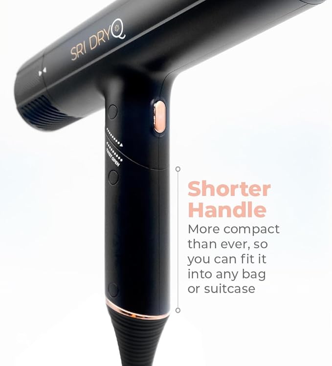 SRILabs DryQ “Smart” Hair Dryer - Super Lightweight, Foldable - Powerful, Quiet Motor - Infrared and Ionic Technology - 3 Magnetic Attachments - Heat Control with Locking Switch