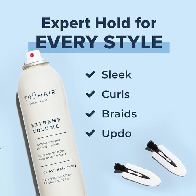 Truhair Extreme Volume Brushable Hairspray with Panthenol | Fights Frizz & Humidity | Extra Hold Hair Spray for Women | Buildable, Non Sticky, Unscented for All Hair Types | Travel Size (10 Oz)