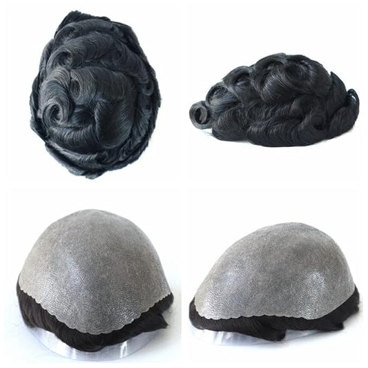 Toupee for Men, Human Hair Replacement System Hairpieces, Black Hair Poly Skin #1