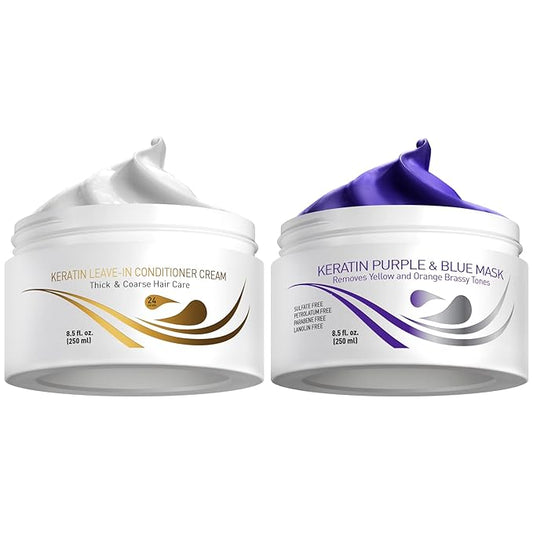 VITAMINS hair cosmetics Keratin Thick Hair Leave-In Conditioner & Purple Blue Hair Mask Kit, No Rinse Moisturizing Curl Cream & Anti-Brass Conditioner for Bleached Blonde Platinum Silver Gray Dry Hair