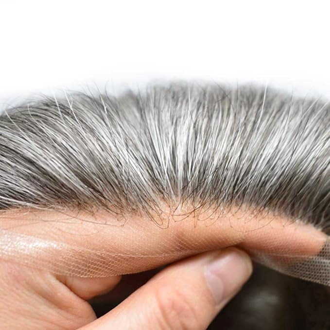 Toupee For Men Real Human Hair System Full Swiss Lace Mens Toupee Lace Hair Piece For Men Hair System Bleached Knots 7x9 120% Medium light density #1B70 1B# OFF BLACK+70% GREY