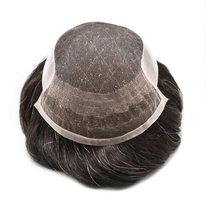 Toupee for Men Real Human Hair Swiss Lace Hairpiece for Men Hair Replacement System Poly Coated Mens Hairpieces Mens Hair System 6X8-120% light density 210# 2# DARKEST BROWN+10% GREY