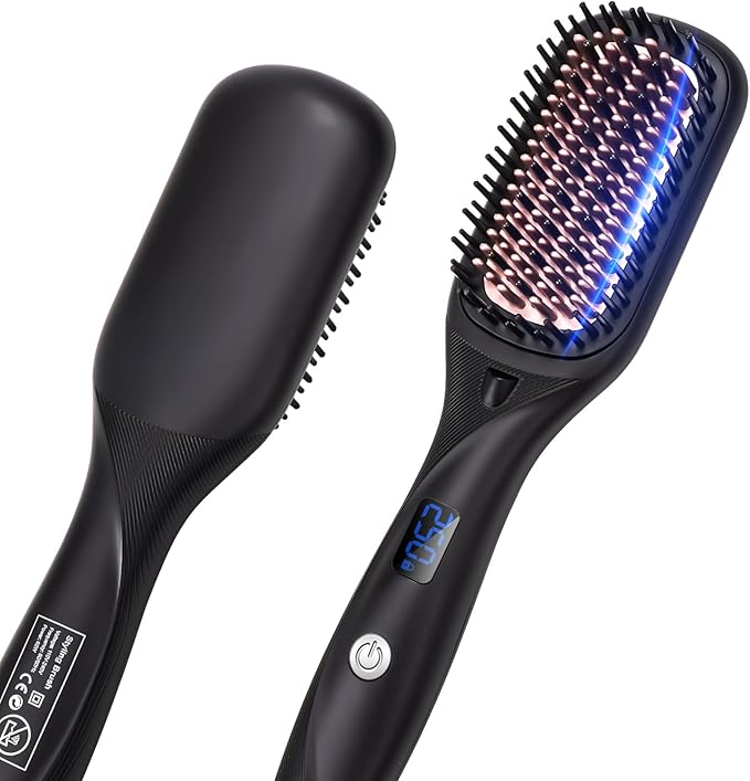 Hair Straightener Brush- Hair straighteners for Women, Ceramic Ionic Straightener Comb with Less Frizz | 20s Fast Heating | 2 in 1 Flat Iron Brush Dual Voltage Travel, Black