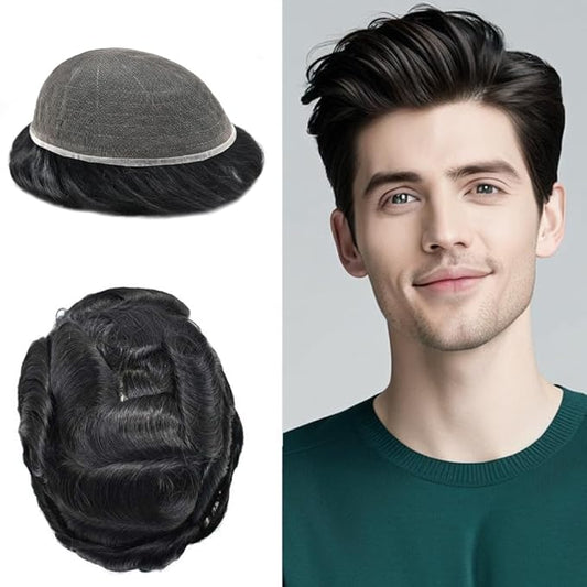 Toupee For Men Real Human Hair System For Men Full Swiss Lace Mens Toupee Lace Hair Piece For Mens Hair System Bleached Knots 7x9 120% Medium light density 1B# OFF BLACK