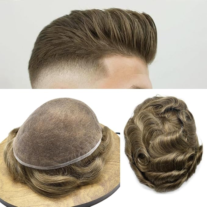 Toupee For Men Real Human Hair System For Men Full Swiss Lace Mens Toupee Lace Hair Piece For Men Hair System Bleached Knots 8x10-80% light density#710 7# VERY LIGHT BROWN+10% GREY