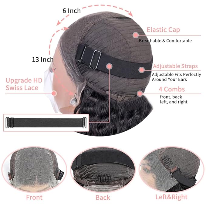 13x6 Deep Wave Lace Front Wigs Human Hair 24 Inch 200 Density HD Lace Frontal Glueless Wigs Human Hair Pre Plucked Deep Curly Wig with Baby Hair Natural Black