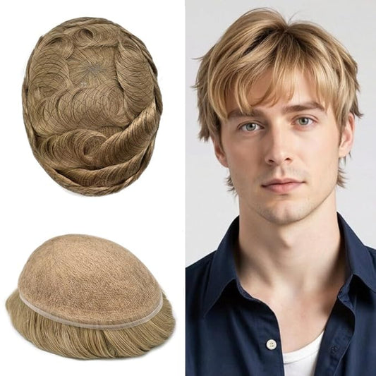 Toupee For Men Real Human Hair System Full Swiss Lace Mens Toupee Lace Hair Piece For Men Hair System Bleached Knots 7x9-90% light density20# LIGHT ASH BLONDE