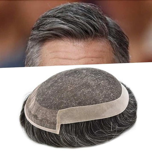Toupee for Men Real Human Hair Swiss Lace Hairpiece for Men Hair Replacement System Poly Coated Mens Hairpieces Breathable Mens Hair System 6X9-80%Light Density #1B40 1B# OFF BLACK+40%GREY
