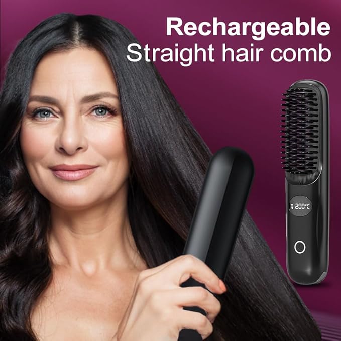 Portable Straightener Brush for Travel, USB Rechargeabl Fast Heating Hair Straightener Comb with 3 Temperature & LED Display, Women Travel Essentials (Black)