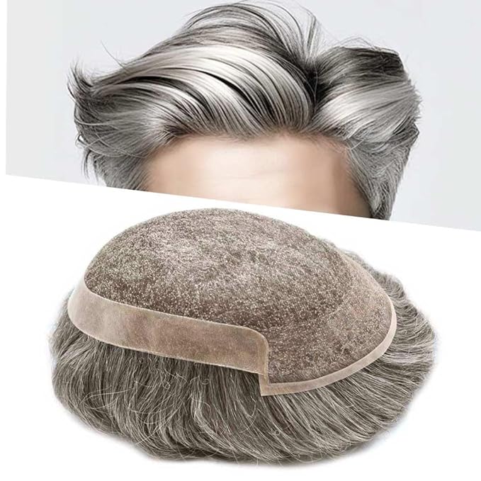 Toupee for Men Real Human Hair Swiss Lace Hairpiece for Men Hair Replacement System Poly Coated Mens Hairpieces Mens Hair System 6X9-80% Light Density 450# 4# MEDIUM BROWN+50% GREY