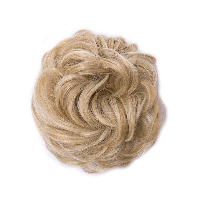 Benehair Hair Bun Hairpiece Scrunchy Updo Hair Pieces Fluffy Scrunchies Donut Hairpiece Synthetic Curly Wavy Messy Chignons With Elastic Rubber Band Dark Blonde & Bleach Blonde-Thicker 1pc 35g
