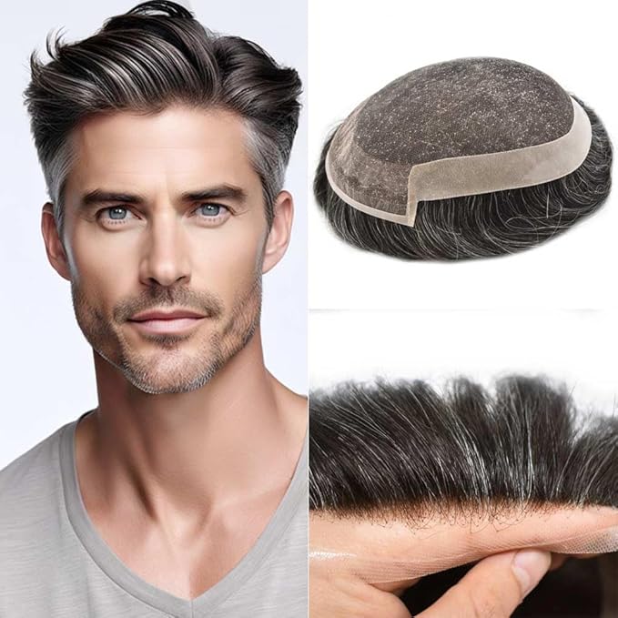 Toupee for Men Real Human Hair Swiss Lace Hairpiece for Men Hair Replacement System Poly Coated Mens Hairpieces Mens Hair System 6X8-80% Light Density 230# 2# DARKEST BROWN+30% GREY