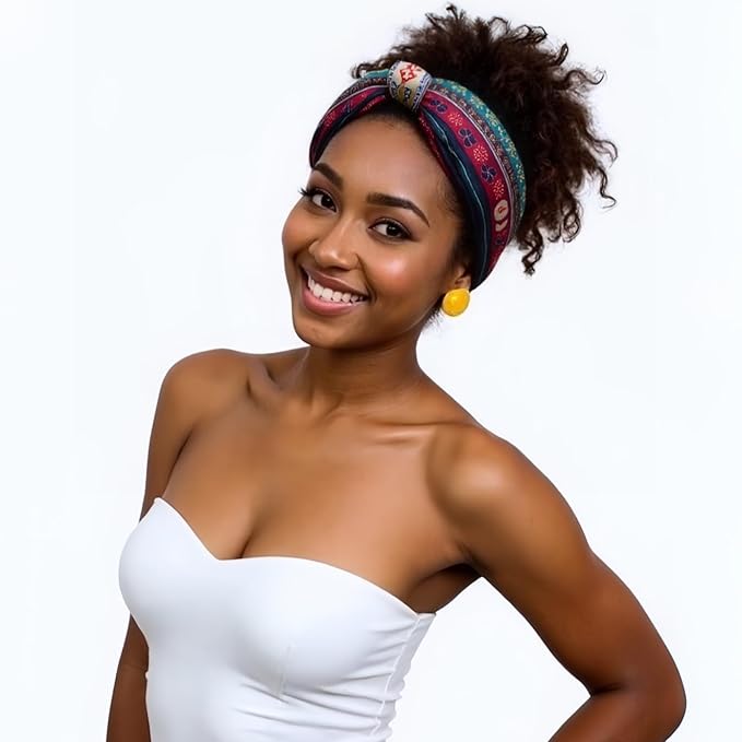 1 Pack Boho Headbands Stretch Paisley Print Bandana Headband Criss Cross Hair Bands Knotted Head Wrap Yoga Daily for Women and Girls (Scarlet Bohemian)