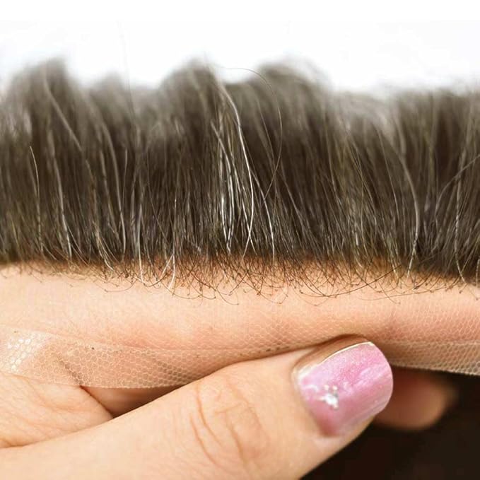 Toupee for Men Real Human Hair Swiss Lace Hairpiece for Men Hair Replacement System Poly Coated Mens Hairpieces Breathable Mens Hair System 6X8-80% Light Density 4ASH#