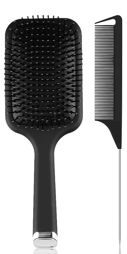 Hair Brush and Comb Set, 2Pcs Paddle Hairbrush Set for Women Men, Detangling Rattail Fine Styling Combs for Curly, Thick, Thin, Wig, Massaging Scalp