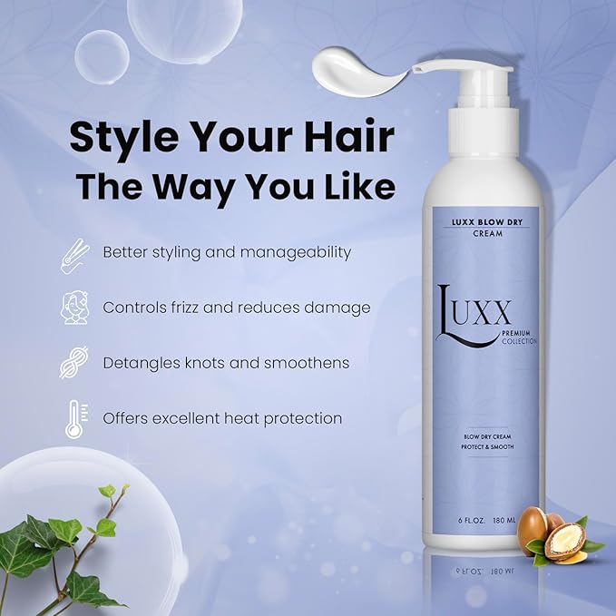 Luxx Blow Dry Cream | Frizz Control | Vegan Heat Protectant Styling Cream | Infused with Argan Oil & Shea Butter | Sulfate & Paraben-Free (6 Fl. Oz)