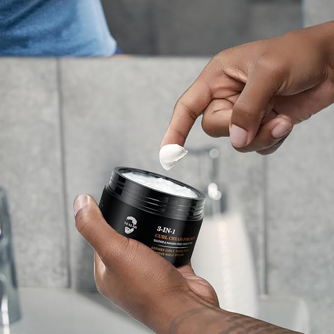 3-in-1 Curl Cream for Men - Defines Curls, Tames Frizz, Adds Smoothness and Texture for Curly and Wavy Hair, Hair Styling Cream with Desert Derived Extracts, Sulfate - Free 3.38 oz