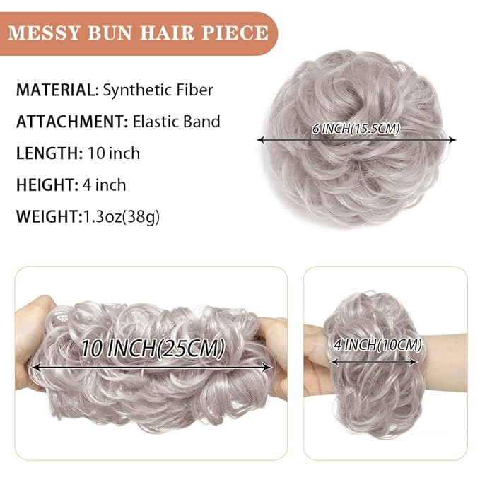2PCS Gray Messy Bun Hair Pieces for Women Bun Updo Hair Pieces Wavy Curly Synthetic Hairpieces for Women Updos Hair Buns Scrunchies Ponytail Extension #4503 Flaxen Gray