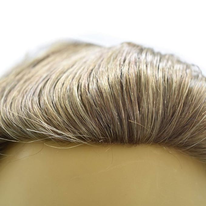 Mens Toupee Human Hair System Durable Fine Mono Lace Men Replacement PU Poly Skin Around Light to Medium Density Wig Hairpiece (6"X9", 4 Medium Brown)