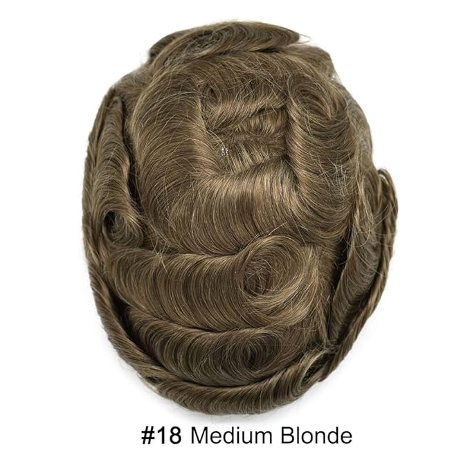 Mens Toupee Human Hair System Durable Fine Mono Lace Men Replacement PU Poly Skin Around Light to Medium Density Wig Hairpiece (8"X10", 18 Medium Ash Blonde)