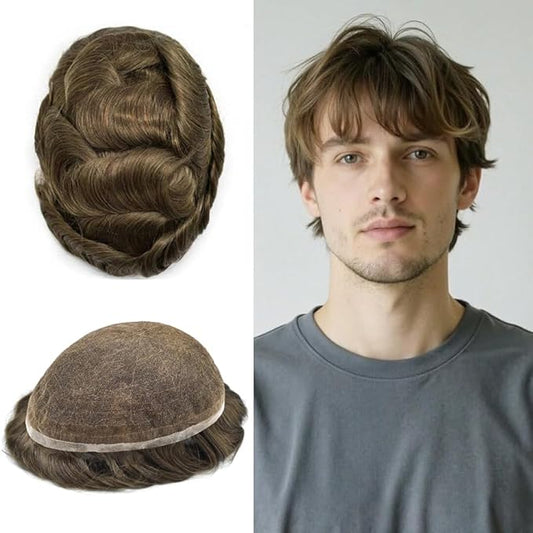 Toupee For Men Real Human Hair System Full Swiss Lace Mens Toupee Lace Hair Piece For Men Hair System Bleached Knots 8x10-80% light density5# MEDIUM LIGHT BROWN