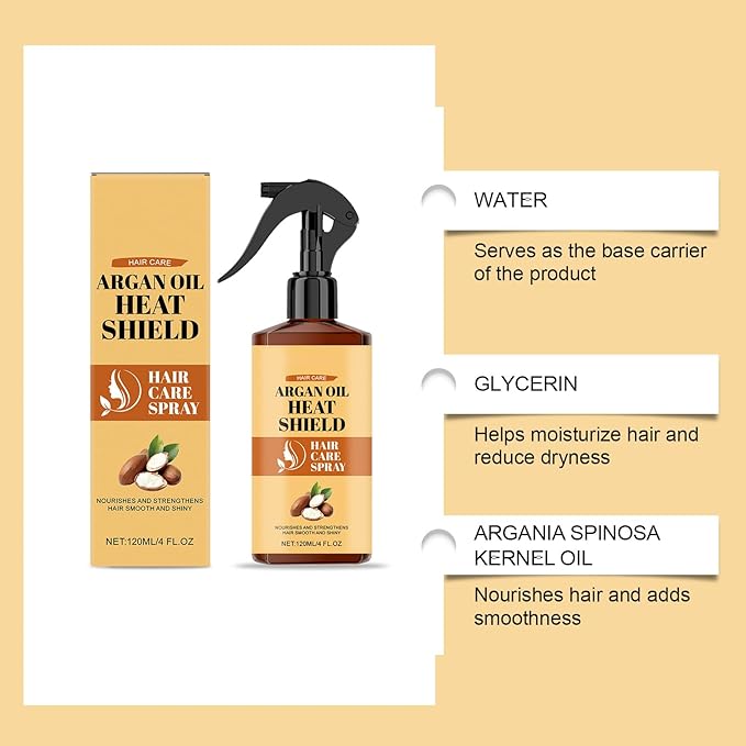 Argan Oil Heat Protectant Spray for Hair - Thermal Shield with Moroccan Argan Oil to Nourish & Hydrate, Helps Smooth Dry, Brittle Hair & Reduce Breakage for Silky Shine, for All Hair Types（120ml）