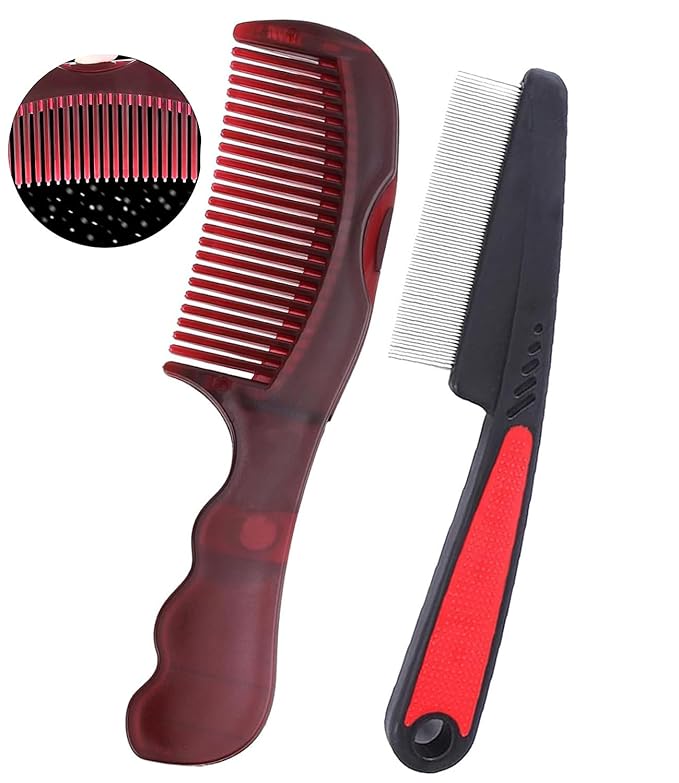 Dandruff Comb Fine Tooth Scalp Detox Comb Lice for Women, Men & Kids Stainless Steel Scalp Detoxing, Sweep & Massage Hair Brush Tool for Hair Care (Black+Red)