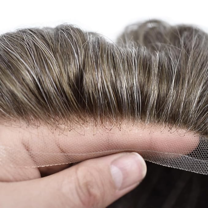 Toupee For Men Real Human Hair System Full Swiss Lace Mens Toupee Lace Hair Piece For Men Bleached Knots 8x10 120% Medium light density #310 3# DARK BROWN+10% GREY