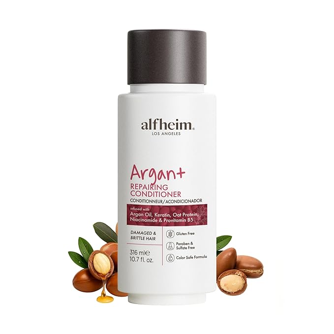 ALFHEIM Argan+ Repairing Conditioner for Dry, Damaged & Frizzy Hair with Argan Oil, Keratin Travel Size– Deep Moisture, Detangling, Shine Boost, and Frizz Control – Color Safe, Sulfate Free – 10.7 oz