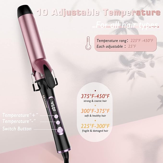 1 1/2 inch Curling Iron, Dual Voltage Large Hair Curling Iron Heat up to 450°F, Professiona Curling Wand Ceramic Tourmaline(Rose Gold)
