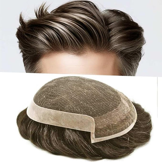 Toupee for Men Real Human Hair Swiss Lace Hairpiece for Men Hair Replacement System Poly Coated Mens Hairpieces Breathable Mens Hair System 6X8-80% Light Density 4ASH#