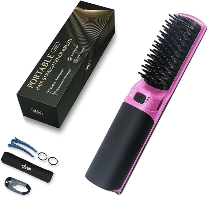 Hot Hair Straightener Brush,Portable Mini Hair Straightener USB Rechargeable 6400MAH,2 in 1 Hair Straightener Comb with Anti-Scald Feature for Women & Men（Purple）