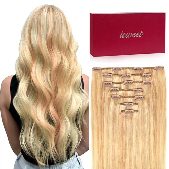 7Pcs Clip in Hair Extensions Real Human Hair, 18 Inch 105g P18/613 Ash Blonde Highlights Bleach Blonde Soft Real Human Hair Extensions Clip ins, Double Weft Hair Extensions Real Human Hair for Women