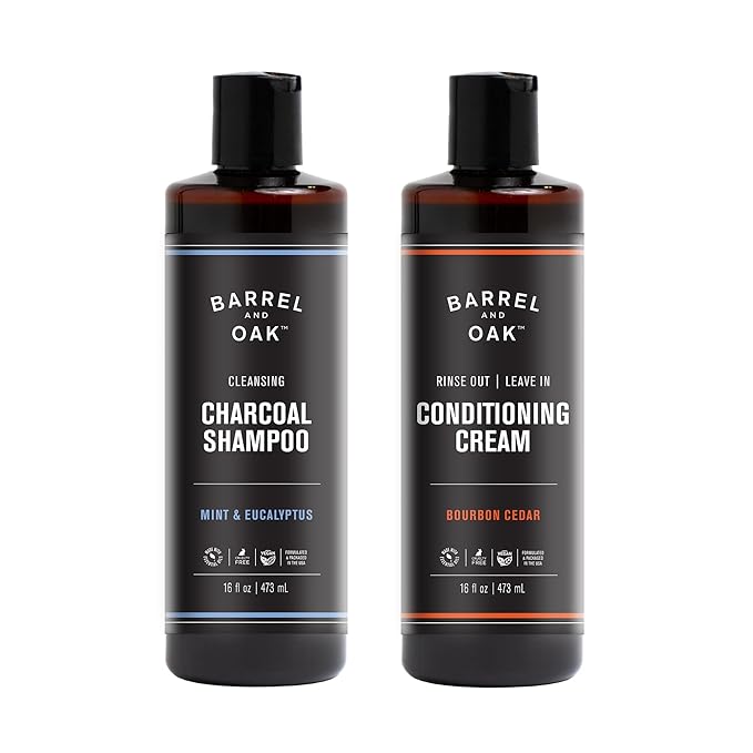Barrel and Oak Shampoo and Conditioner Set, Mint and Eucalyptus Charcoal Shampoo and Bourbon Cedar Rinse-Out Leave In Conditioner for Men, Vegan Hair Care Essentials, 16 oz Each