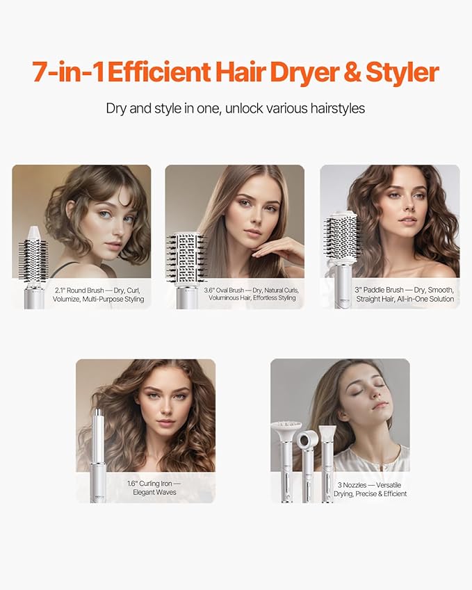 VEVOR Hair Styler Dryer Brush, 7-in-1 Professional Multi Styler with Brushless Motor, 2 Auto-Wrap Curler, 3 Brushes & 3 Nozzle, 110,000RPM High-Speed Hot Air Styler, 90° Folding Design for Fast Drying
