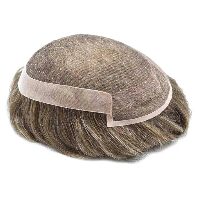 Toupee for Men Real Human Hair Swiss Lace Hairpiece for Men Hair Replacement System Poly Coated Mens Hairpieces Mens Hair System 6X8-100% Density 520# 5# MEDIUM LIGHT BROWN+20% GREY