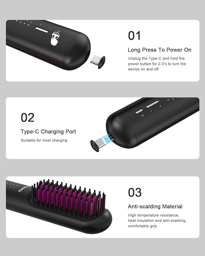 Rechargeable Hair Straightener Brush - 6400mAh Large Capacity Battery - Portable Straightening Brush Comb - Mini Cordless Ionic Straightener for Women - Great for Travel & Home