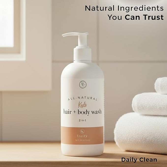 Rowe Casa Organics 2-in-1 Kids Hair & Body Wash with Therapeutic Essential Oils – Fruity Kids Shampoo & Body Wash with Sweet, Bright & Uplifting Scent – 16 Fl. Oz