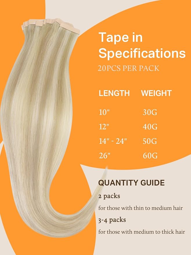 DOORES Tape in Human Hair Extensions, Dark Blonde Highlighted Bleach Blonde 26 Inch, Remy Human Hair, Straight, Tape-In Installation
