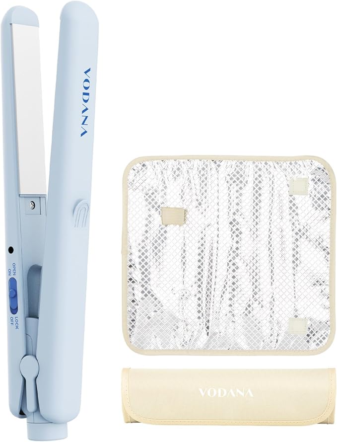 VODANA Pocket Mini Flat Iron, Travel Hair Straightening Iron, Pouch Included, Small Lightweight (Creamy Blue)