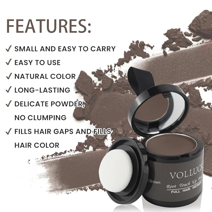 VOLLUCK Root Touch up Powder, Instant Hairline Powder for Thinning Areas and Gray Hair Coverage, Natural and Non-greasy Root Cover up for Women and Men (Medium Brown, 0.35 Ounce)