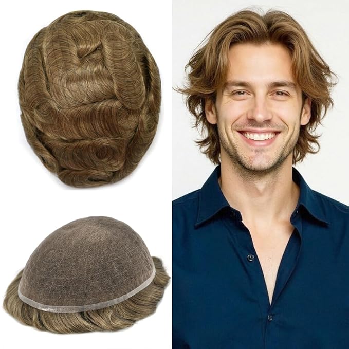 Toupee For Men Real Human Hair System Full Swiss Lace Mens Toupee Lace Hair Piece For Men Hair System Bleached Knots 7x9-90% light density17# DARK ASH BLONDE