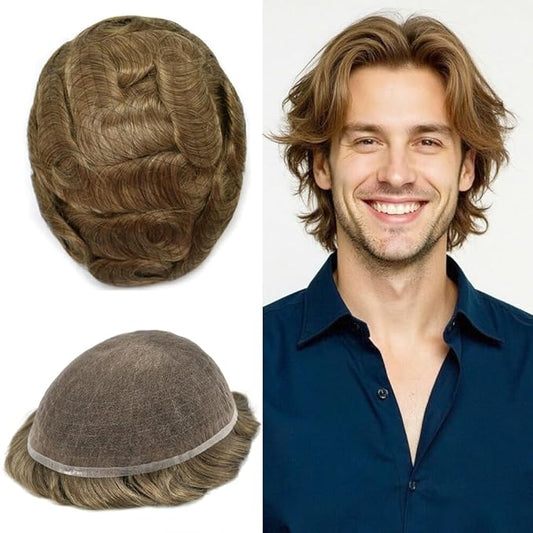 Toupee For Men Real Human Hair System Full Swiss Lace Mens Toupee Lace Hair Piece For Men Hair System Bleached Knots 7x9-90% light density17# DARK ASH BLONDE