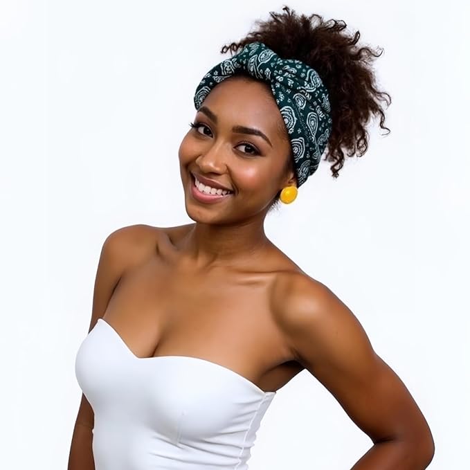 1 Pack Boho Headbands Stretch Paisley Print Bandana Headband Criss Cross Hair Bands Knotted Head Wrap Yoga Daily for Women and Girls (Green Camo)